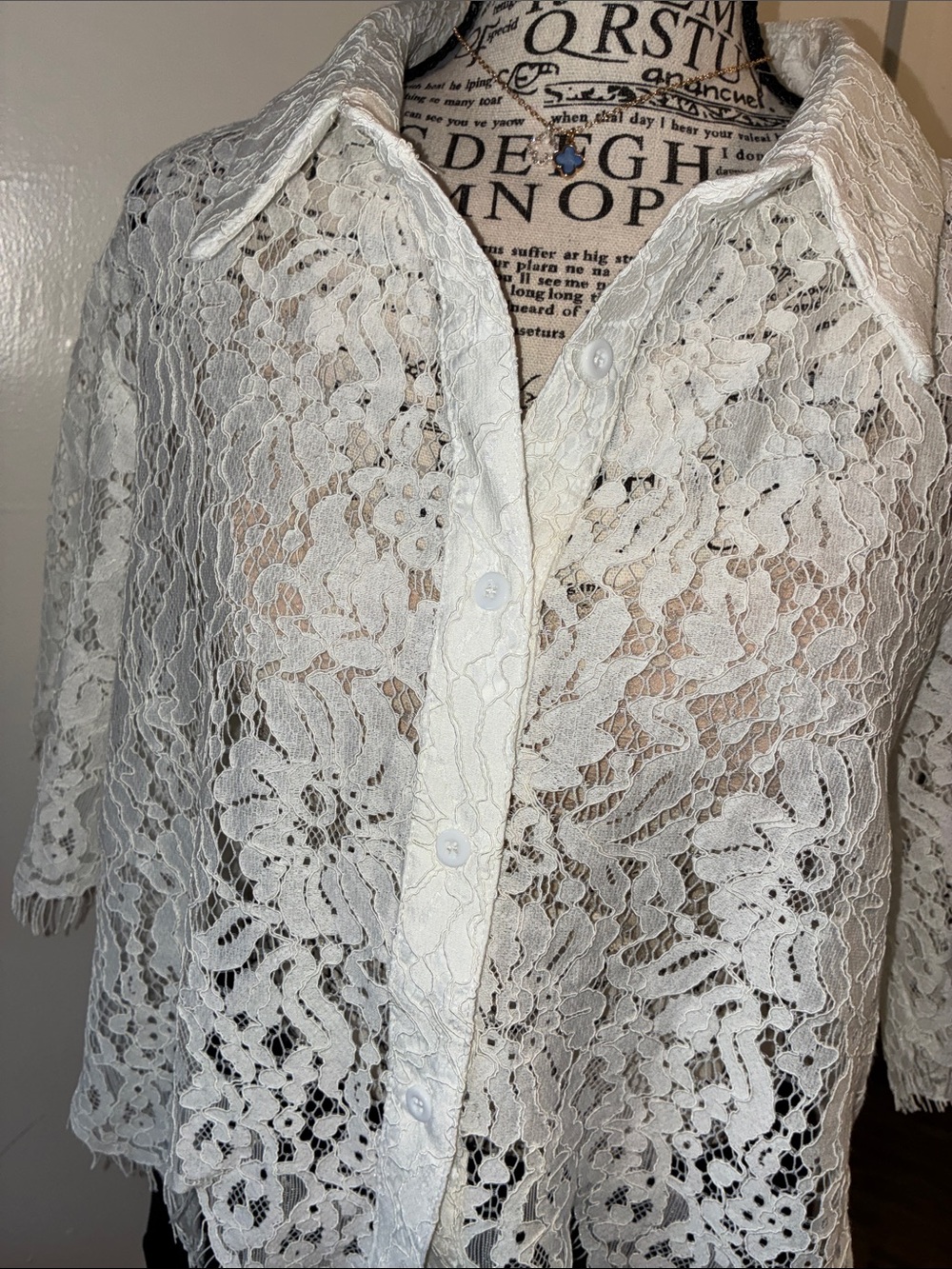 White Lace Button-Down Shirt - Women's Short Sleeve Boutique Brand:Sweet Generis - Picture 7 of 16